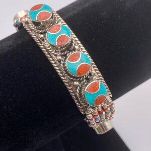 Tibetan Silver Bracelet Made in Tibet Turquoise 7.5” New